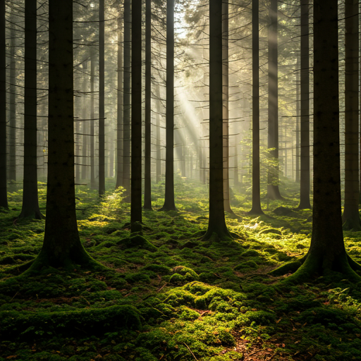 Floresta densa com neblina e raios de luz
